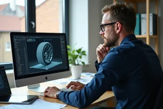 Homme en bureau examinant un simulateur de pneus