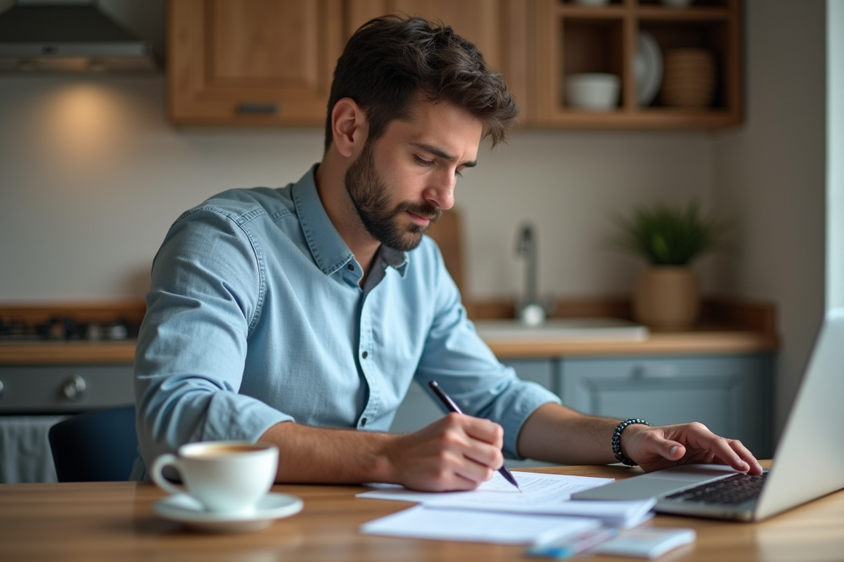 Homme remplissant papiers d'immatriculation voiture à la maison