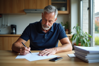 Homme d'une quarantaine remplissant des papiers dans une cuisine lumineuse