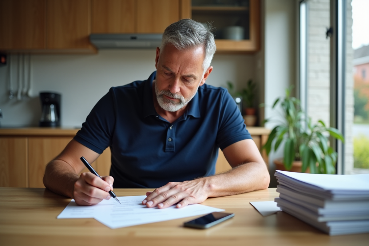 Homme d'une quarantaine remplissant des papiers dans une cuisine lumineuse