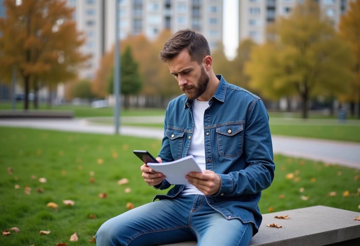 Homme assis dans un parc urbain regardant son smartphone