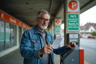 Homme d'âge moyen en denim entrant au parking Rapp à Colmar