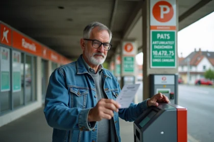 Homme d'âge moyen en denim entrant au parking Rapp à Colmar