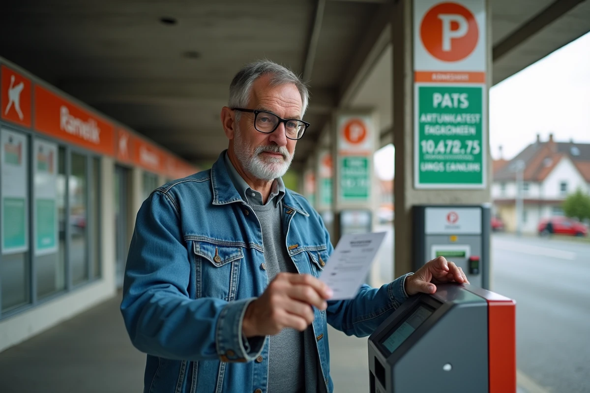 Homme d'âge moyen en denim entrant au parking Rapp à Colmar
