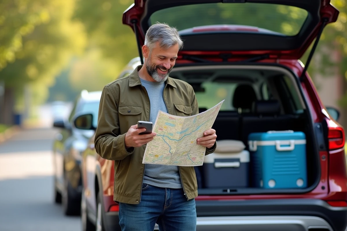 Homme souriant préparant son voyage avec carte et smartphone