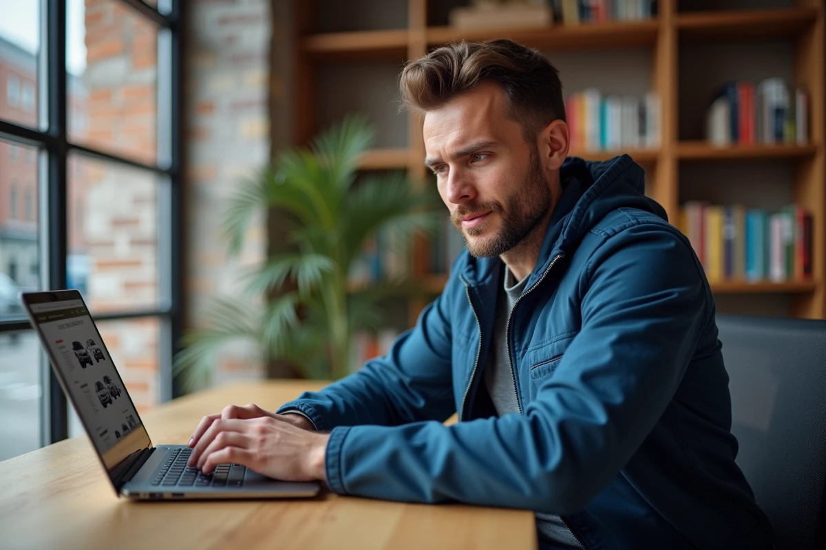 Homme en veste bleue consultant un comparateur de SUV sur son ordinateur portable dans un bureau en brique avec vue sur la rue