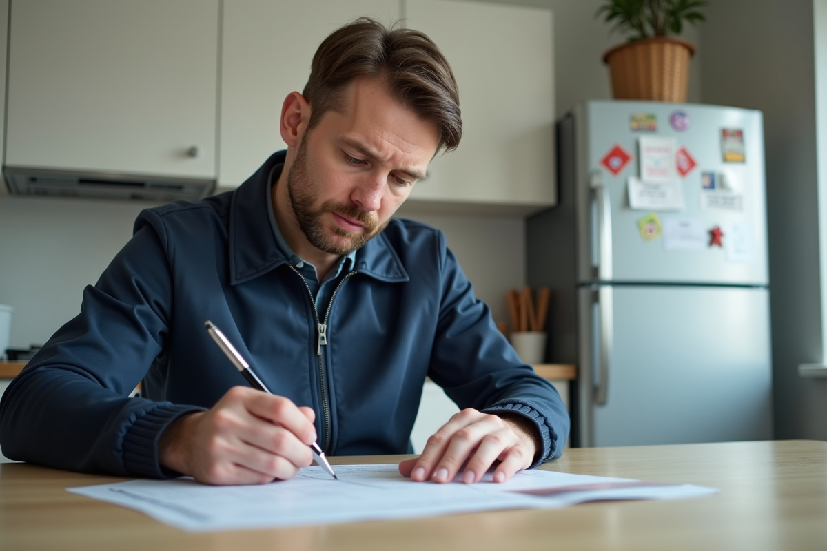Homme en jean et veste bleue remplissant formulaires auto