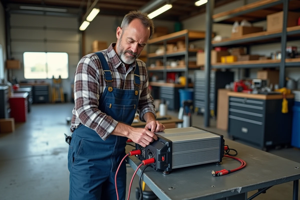 Homme en overalls connectant un inverter dans un atelier