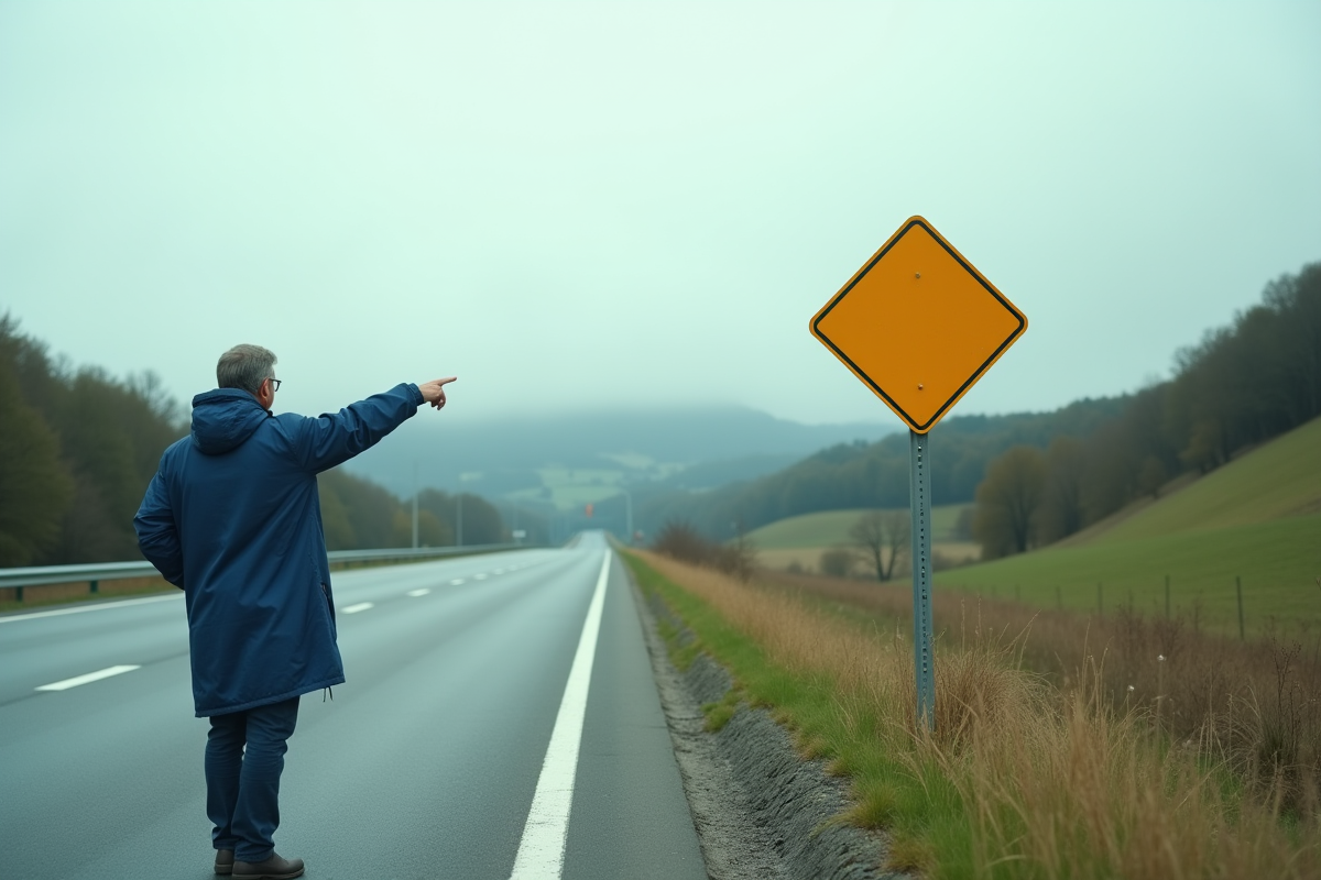 Homme en veste bleue pointant un panneau routier jaune