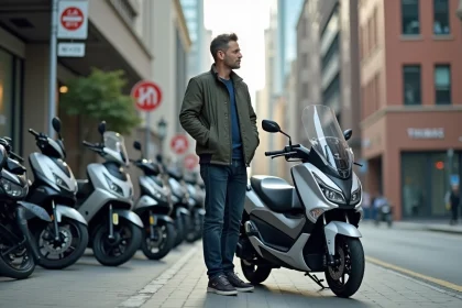 Homme en veste urbaine près d'un scooter TMAX 2026 en ville