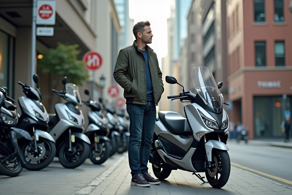Homme en veste urbaine près d'un scooter TMAX 2026 en ville