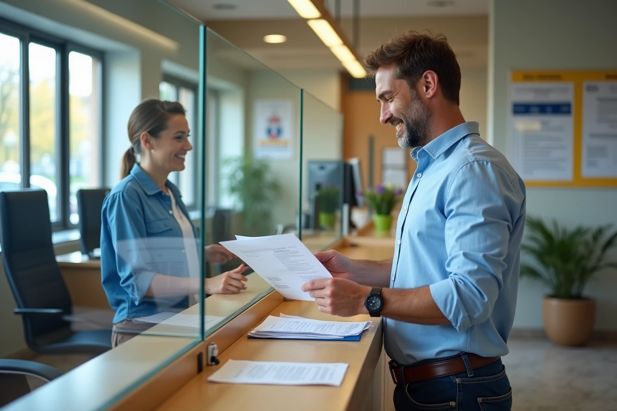 Homme présentant des documents à un agent dans une mairie française