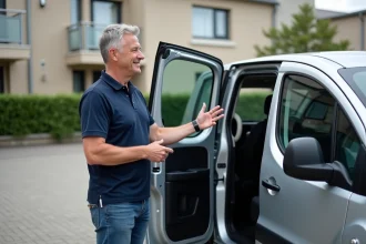 Homme souriant devant une Peugeot Partner Tepee en extérieur