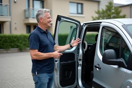 Homme souriant devant une Peugeot Partner Tepee en extérieur