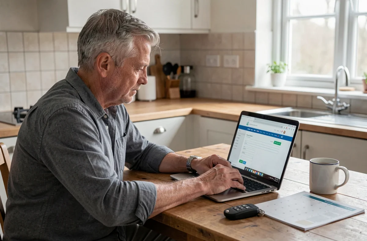 Homme souscrivant une assurance moto en ligne depuis chez lui avec un calendrier de 6 mois visible