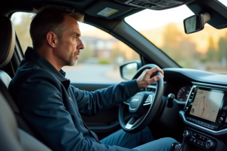 Homme en SUV moderne regardant l'écran de navigation
