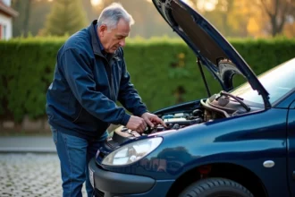 Homme vérifiant l'huile sous le capot d'une Peugeot 206