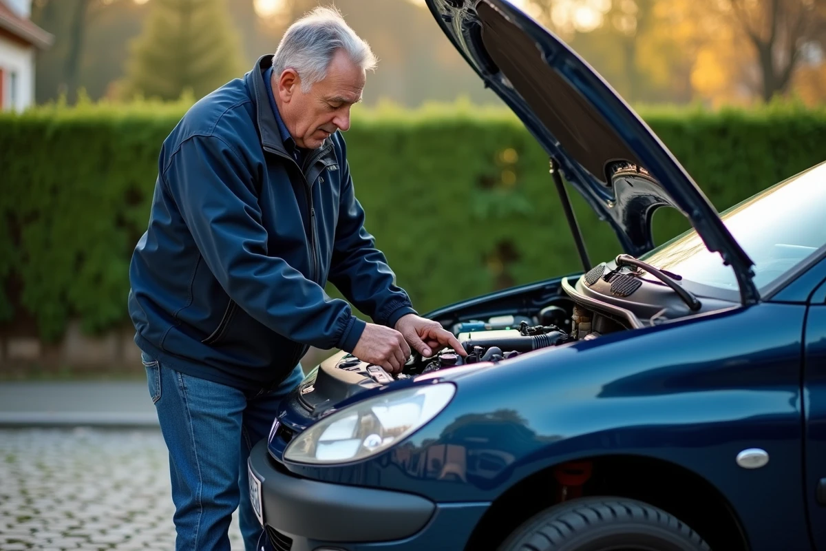 Homme vérifiant l'huile sous le capot d'une Peugeot 206