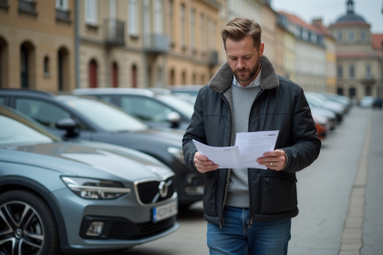 Homme d'âge moyen examinant un document d'assurance voiture