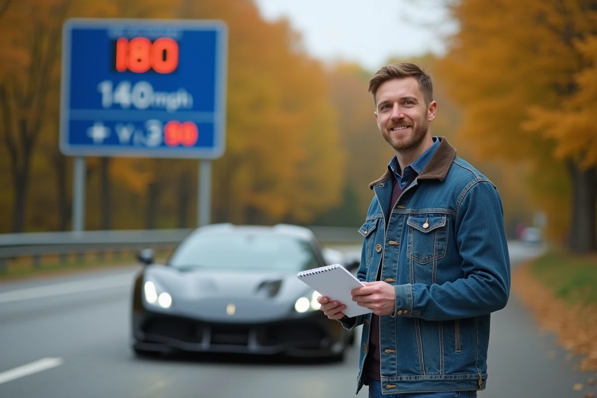 Homme en denim expliquant la conversion de vitesse à côté d'une voiture