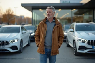 Homme d'âge moyen inspectant une berline en concession automobile