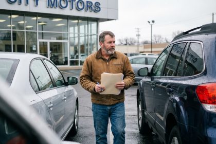 Homme d'âge moyen examinant des voitures en concession