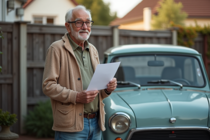 Homme âgé avec documents à côté d'une voiture ancienne