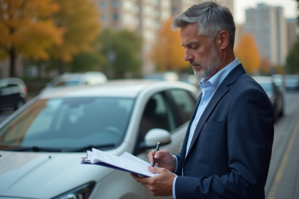 Homme d'âge moyen en costume bleu examine un dossier à côté de sa voiture en ville