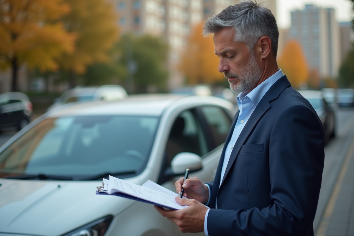 Homme d'âge moyen en costume bleu examine un dossier à côté de sa voiture en ville
