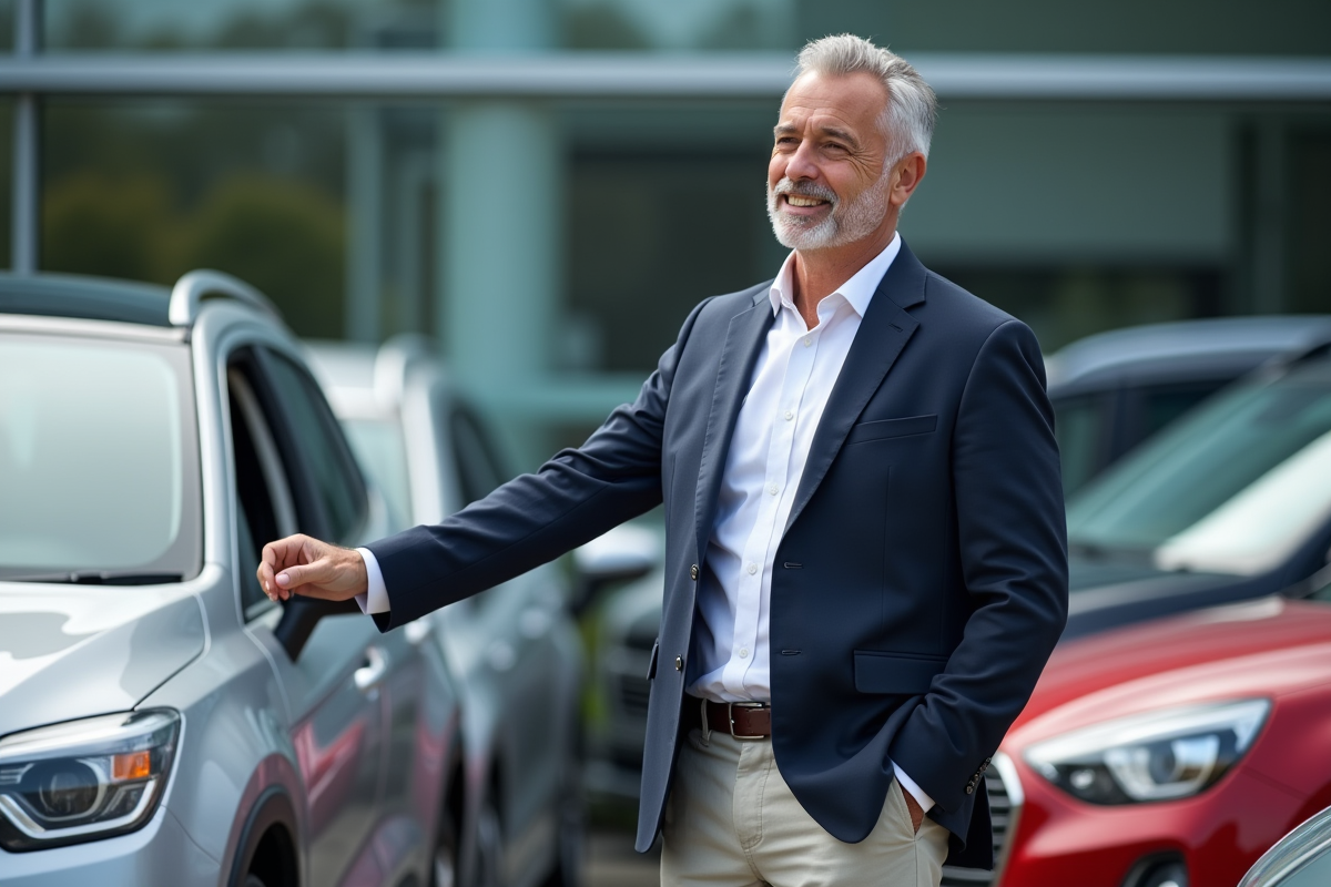 Homme souriant en blazer près d'une voiture neuve