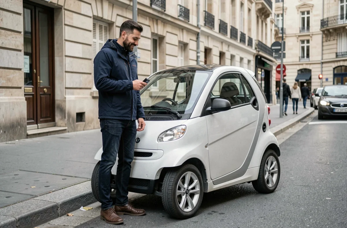 Homme debout à côté d'une voiture sans permis blanche en ville, tenant les clés après un financement en LOA
