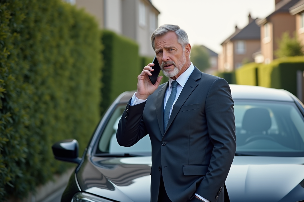 Homme d affaires au téléphone près de sa voiture en panne