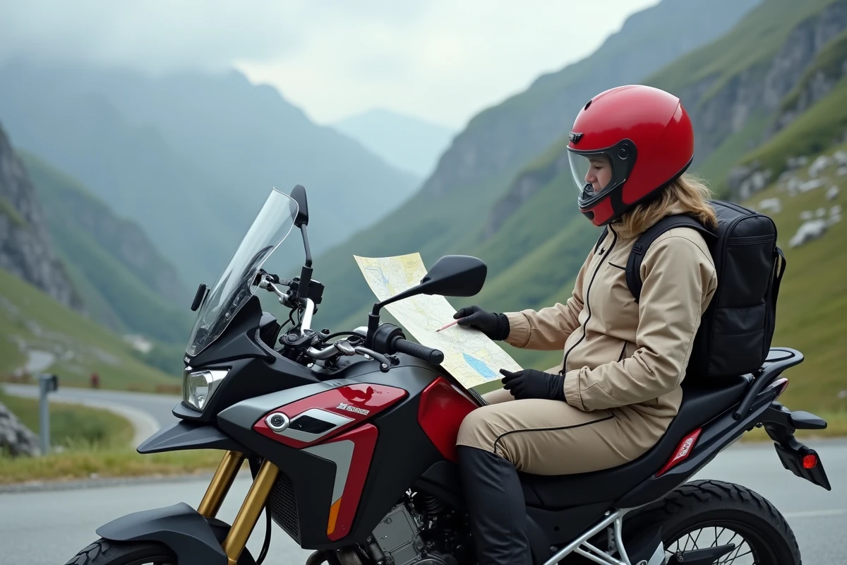 Motarde consultant une carte routière à côté de sa Honda CB 500X sur un col de montagne, évoquant la planification du budget carburant et l'autonomie en voyage