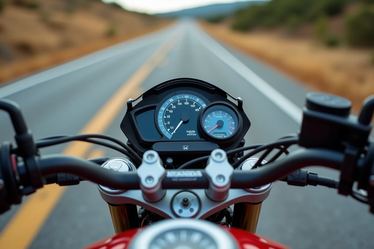 Tableau de bord de la Honda CB 500X montrant la jauge de carburant presque vide lors d'un long trajet, symbolisant l'autonomie réelle du moto-trail