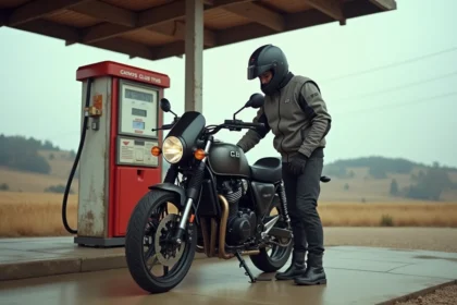 Homme faisant le plein de sa Honda CB 500X dans une station-service rurale, illustrant la consommation réelle et l'autonomie du trail routier