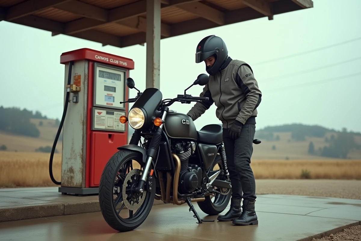 Homme faisant le plein de sa Honda CB 500X dans une station-service rurale, illustrant la consommation réelle et l'autonomie du trail routier