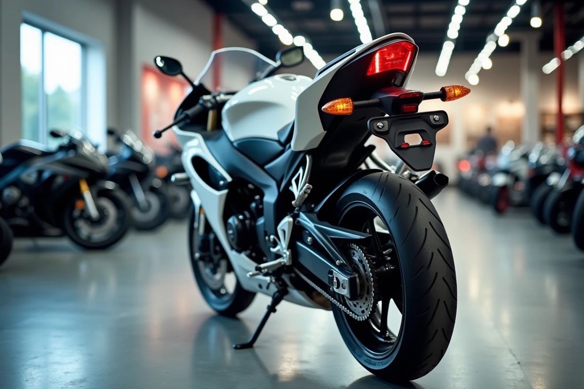 Honda CBR 1000F exposée dans une concession moto moderne, vue arrière 3/4 mettant en valeur l'échappement et la section arrière
