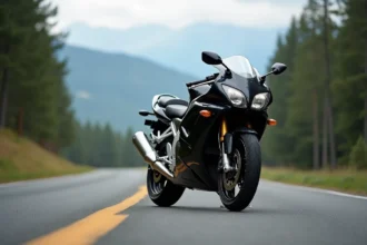 Honda CBR 1000F garée sur une route de montagne avec un fond de forêt de pins, vue 3/4 avant en angle bas