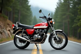 Honda XLV750R rouge et blanc garée sur une route de montagne, essai routier maxi trail années 80