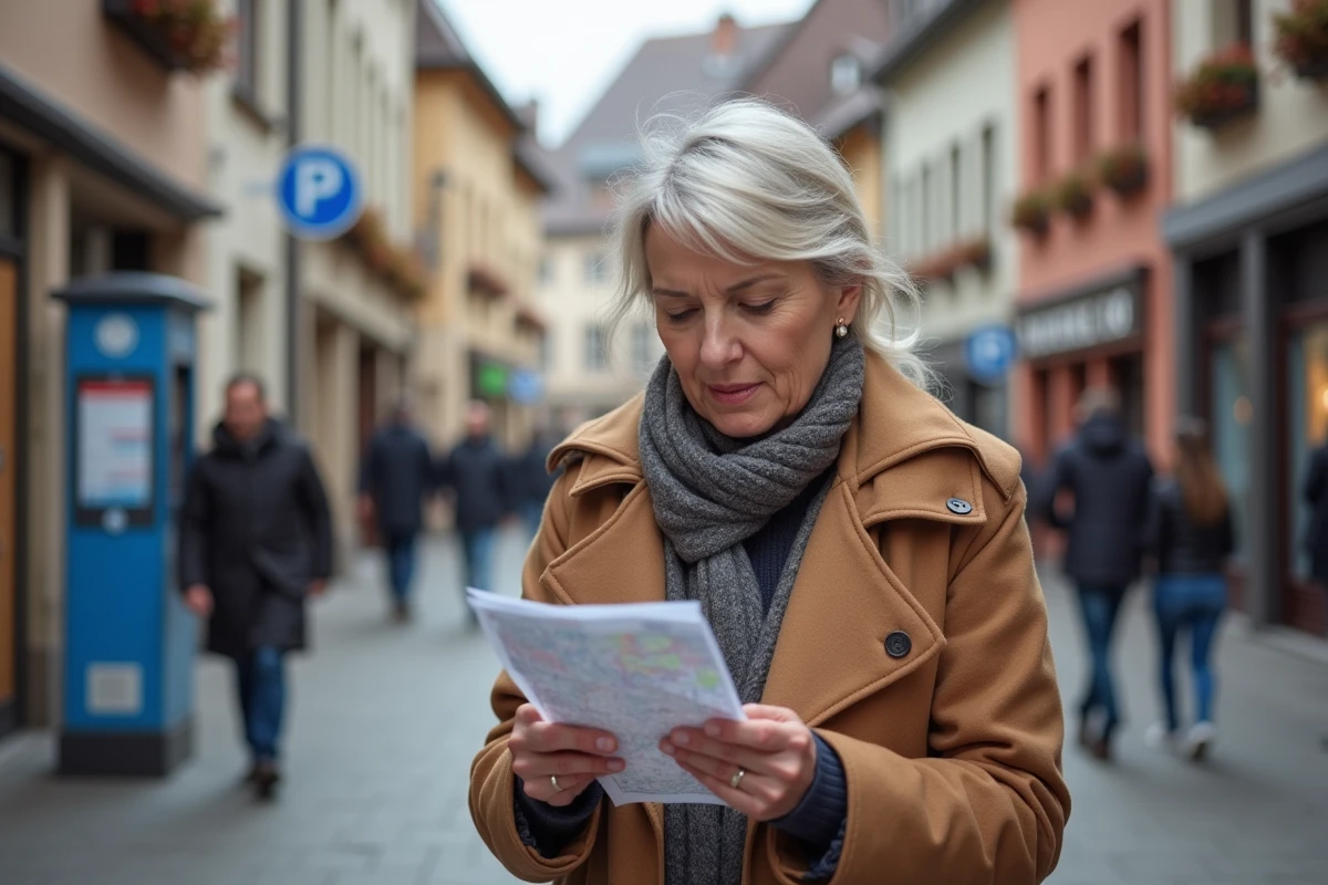 Femme consultant un plan près d'un horodateur dans une rue piétonne de Colmar