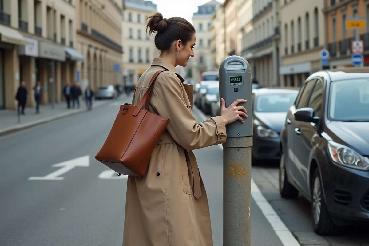 Femme utilisant un horodateur dans une zone de stationnement payant près d'une gare française