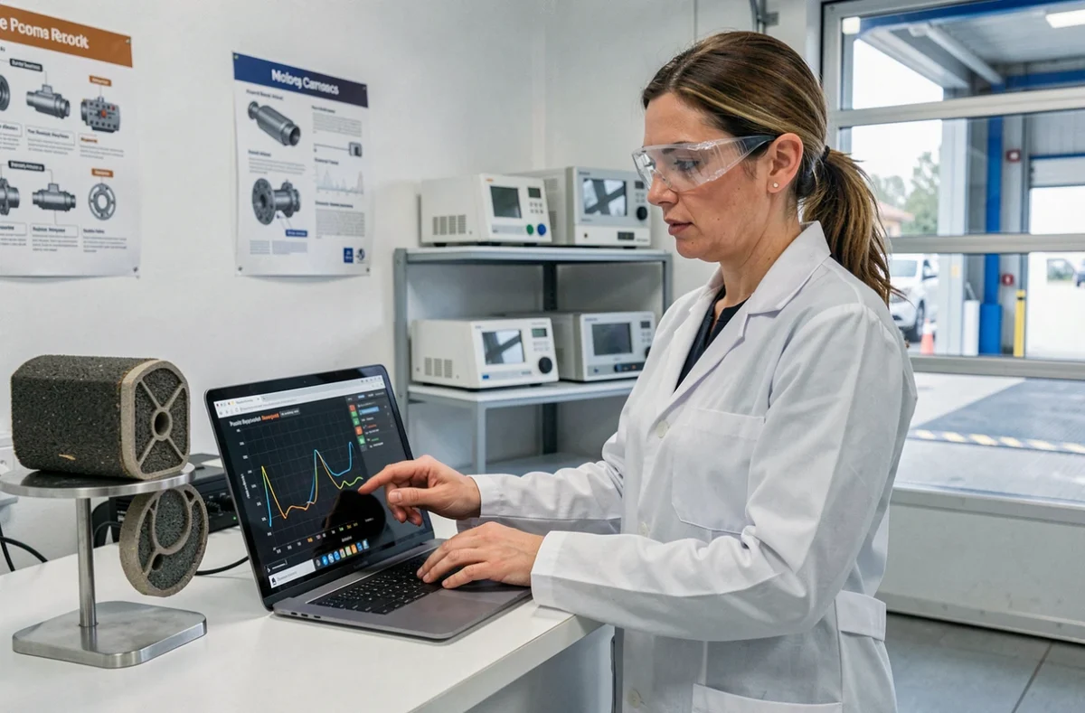 Ingénieure automobile analysant les données de régénération et de colmatage d'un filtre à particules dans un centre de diagnostic