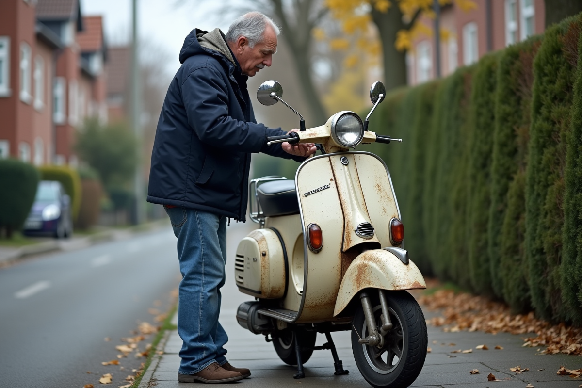 Homme inspectant le moteur d'un scooter usé