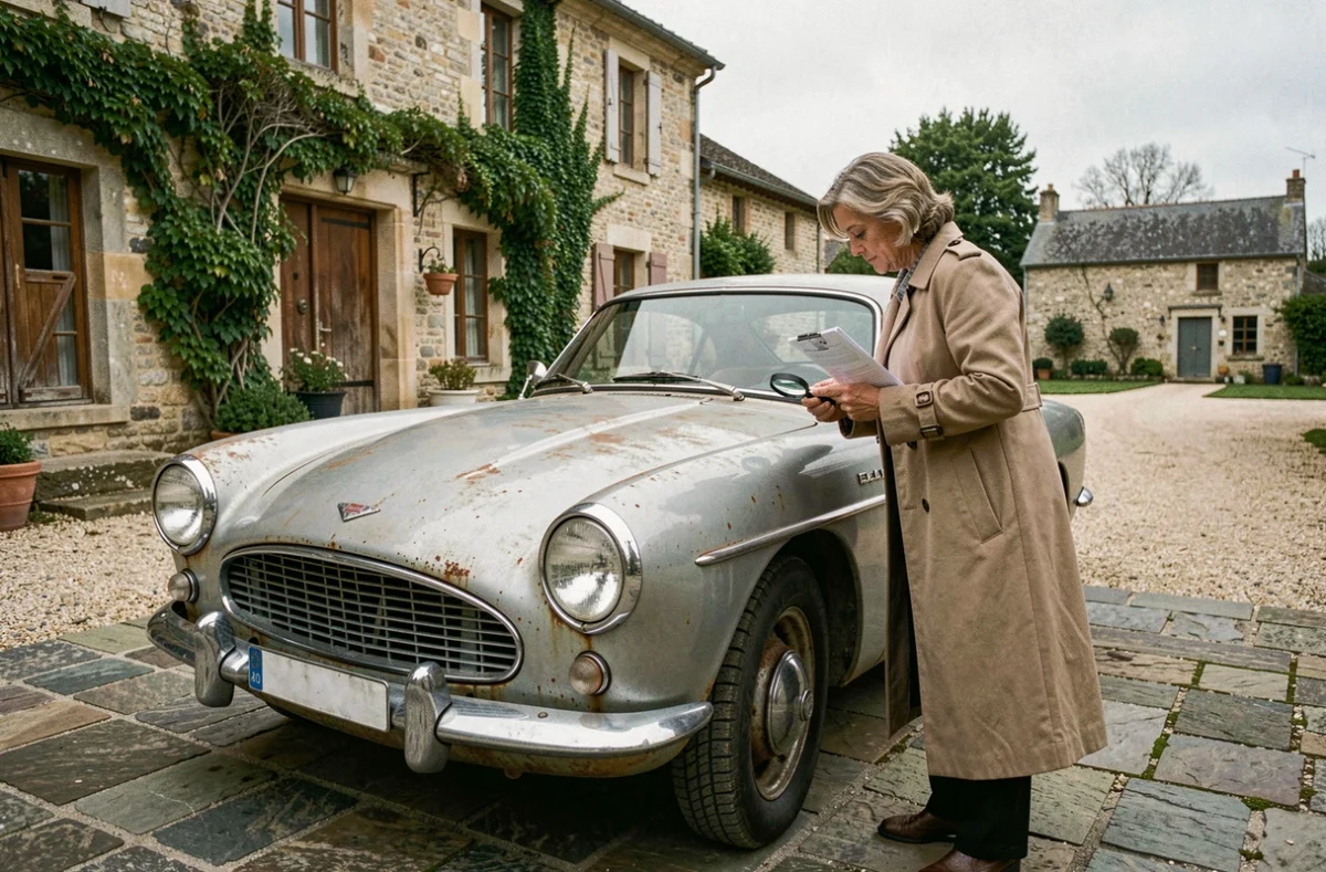 Femme inspectant le numéro de série d'une voiture historique ancienne pour vérification de l'authenticité