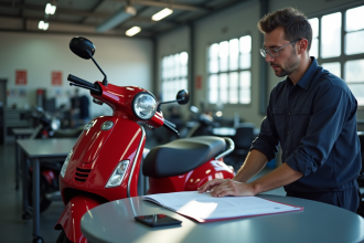 Mecanicien inspectant un scooter rouge dans un garage moderne