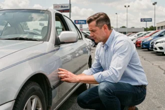 Homme inspectant une voiture d'occasion dans un parking de concessionnaire, achat voiture occasion