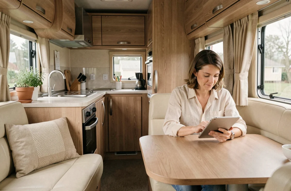 Intérieur soigné d'une caravane haut de gamme d'occasion avec salon et cuisine équipée