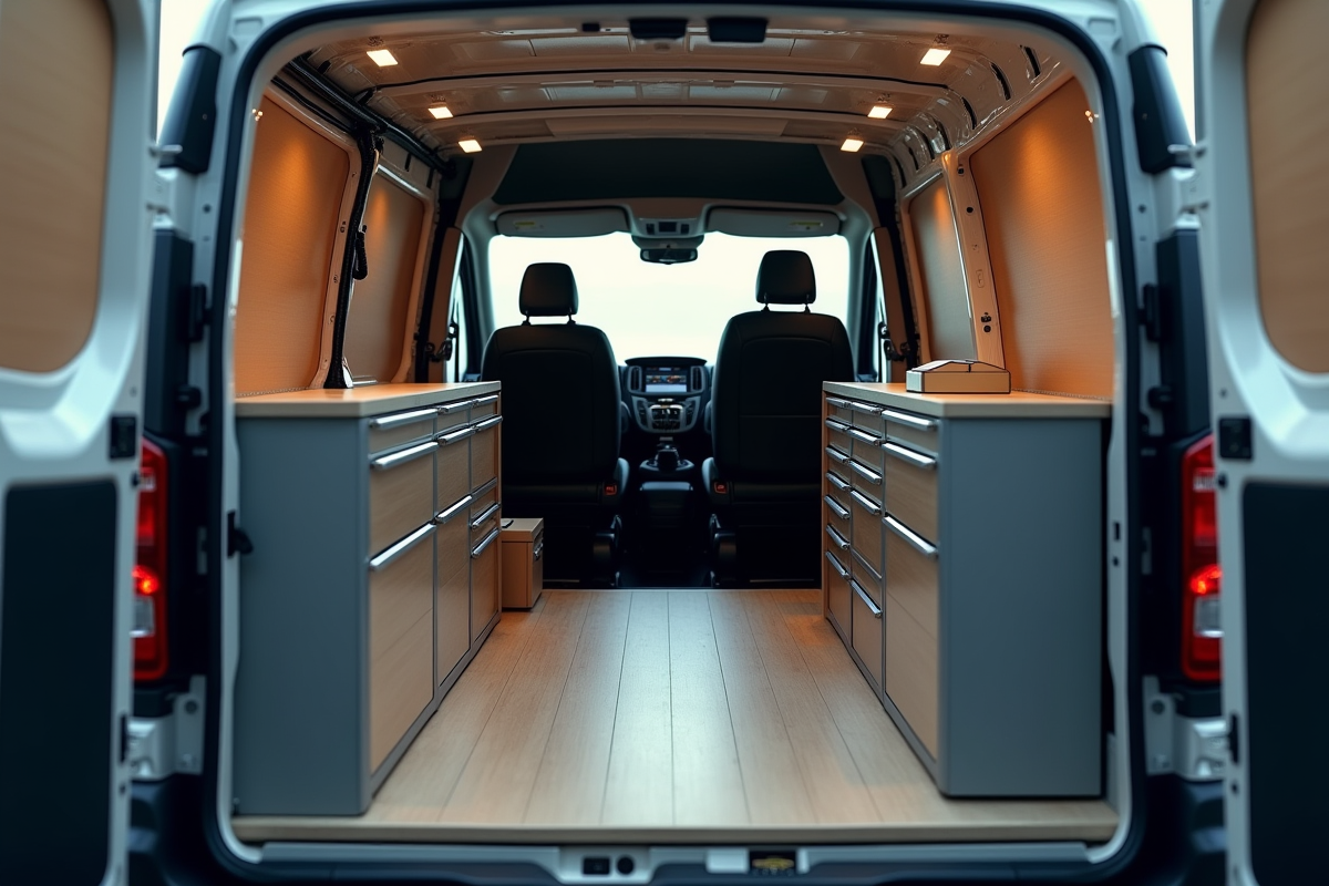 Intérieur du van Peugeot Expert avec rangements et équipements