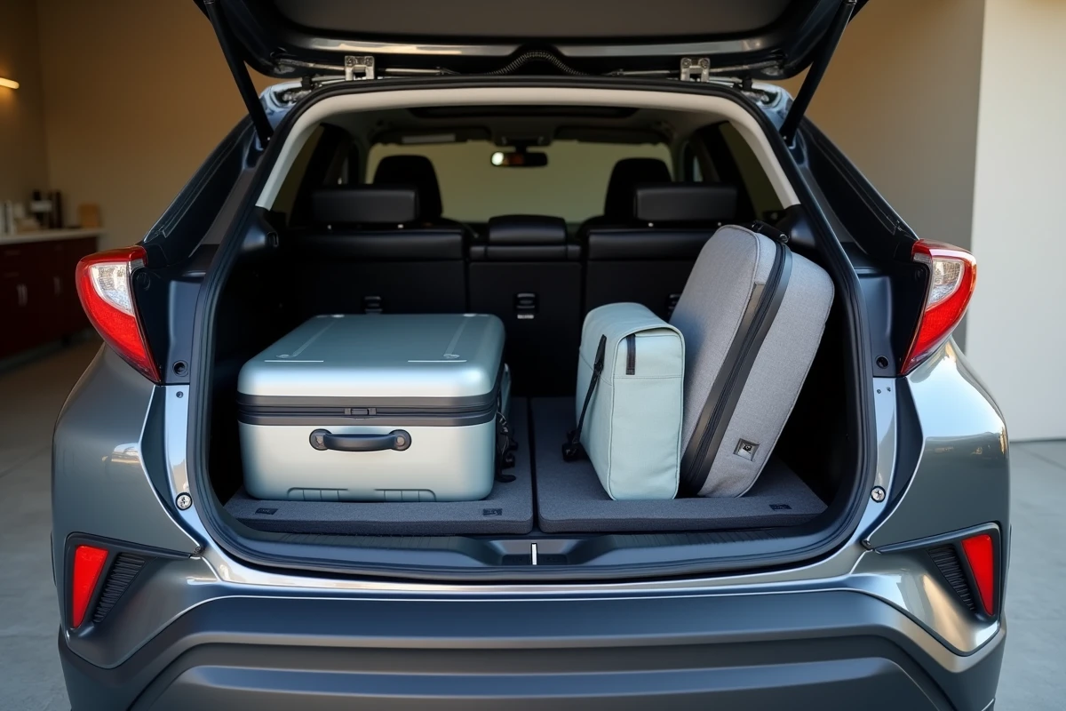 Intérieur du coffre d'une Toyota C-HR chargé de bagages de vacances incluant valise, poussette et sac isotherme