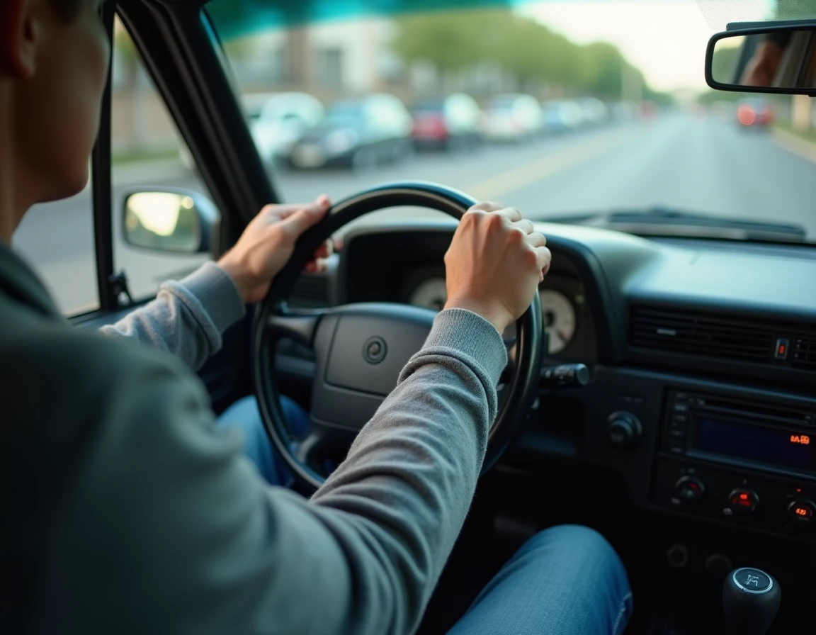 Intérieur de voiture diesel avec vignette Crit'Air visible sur le pare-brise et conducteur en environnement urbain